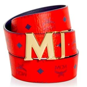 New MCM belt, red logo stamped polished logo buckle